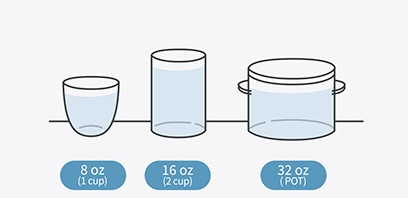 8oz(1 cup), 16oz(2 cup), 32oz(POT) 추출 용량